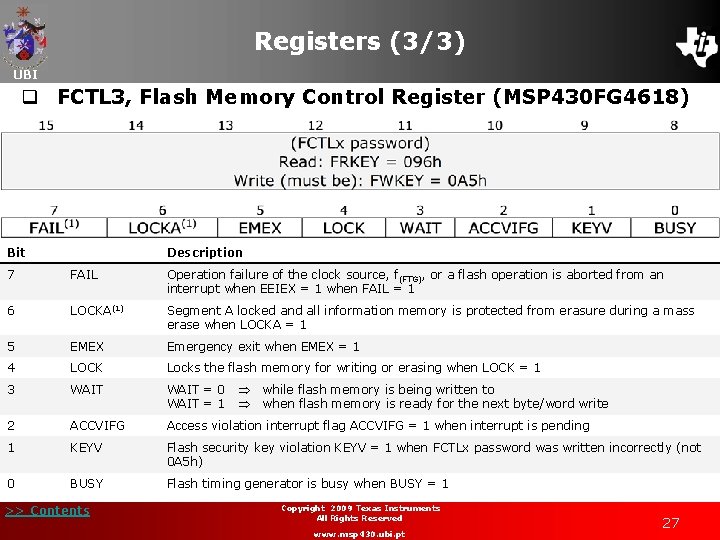 Registers (3/3) UBI q FCTL 3, Flash Memory Control Register (MSP 430 FG 4618)