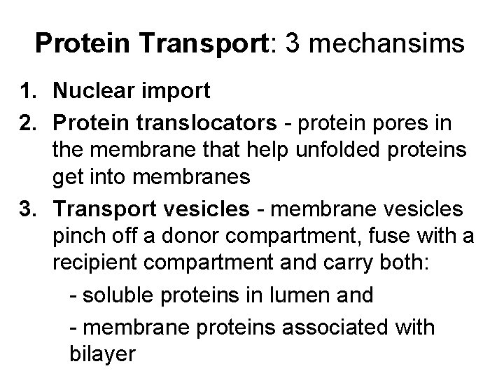 Protein Transport: 3 mechansims 1. Nuclear import 2. Protein translocators - protein pores in
