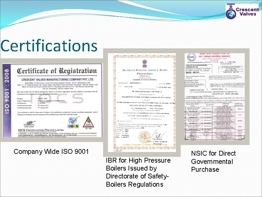 Certifications Company Wide ISO 9001 IBR for High Pressure Boilers Issued by Directorate of