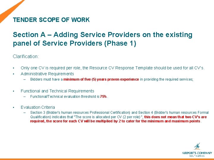 TENDER SCOPE OF WORK Section A – Adding Service Providers on the existing panel