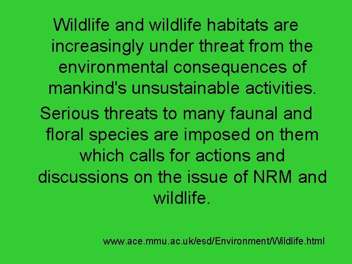 Wildlife and wildlife habitats are increasingly under threat from the environmental consequences of mankind's