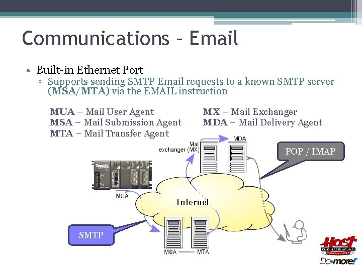 Communications – Email • Built-in Ethernet Port ▫ Supports sending SMTP Email requests to