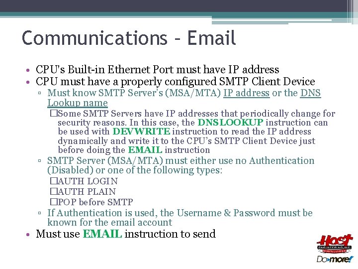 Communications – Email • CPU’s Built-in Ethernet Port must have IP address • CPU