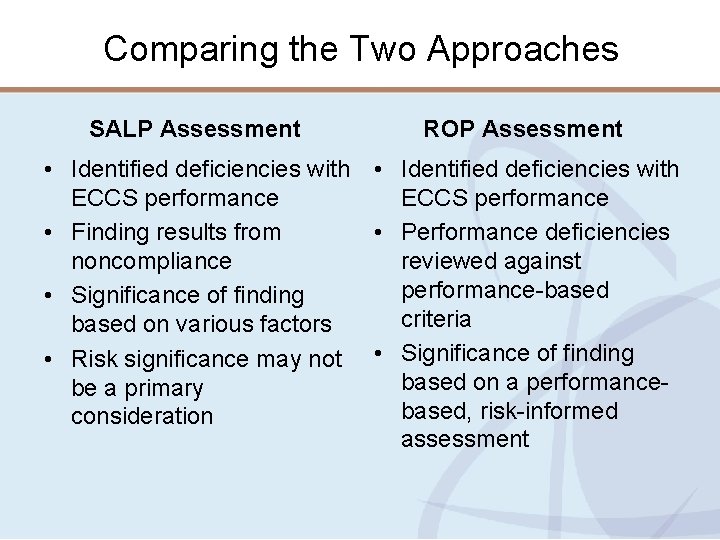Comparing the Two Approaches SALP Assessment ROP Assessment • Identified deficiencies with ECCS performance