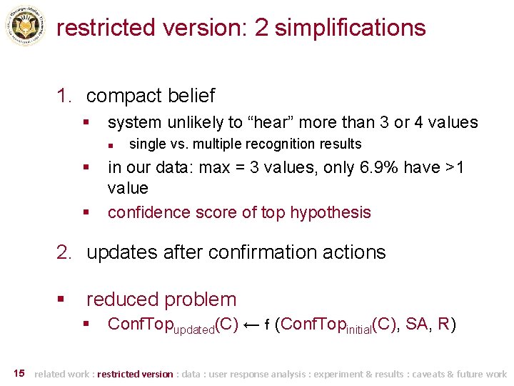 restricted version: 2 simplifications 1. compact belief § system unlikely to “hear” more than