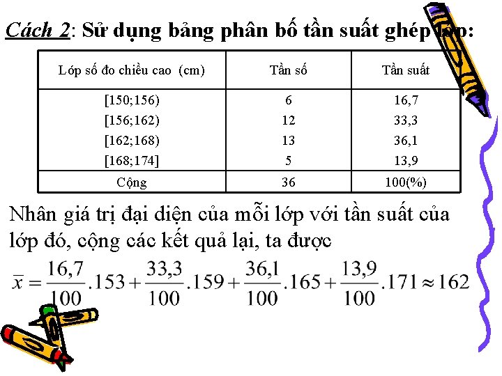 Cách 2: Sử dụng bảng phân bố tần suất ghép lớp: Lớp số đo