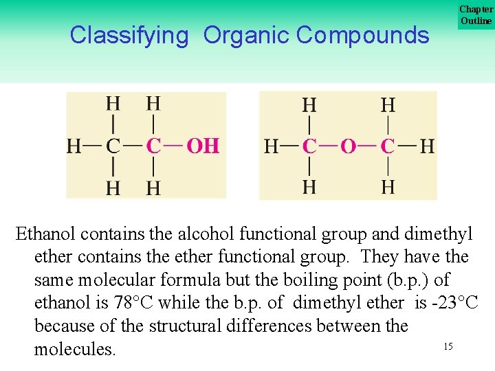 Classifying Organic Compounds Chapter Outline Ethanol contains the alcohol functional group and dimethyl ether Classifying Organic Compounds Chapter Outline Ethanol contains the alcohol functional group and dimethyl ether