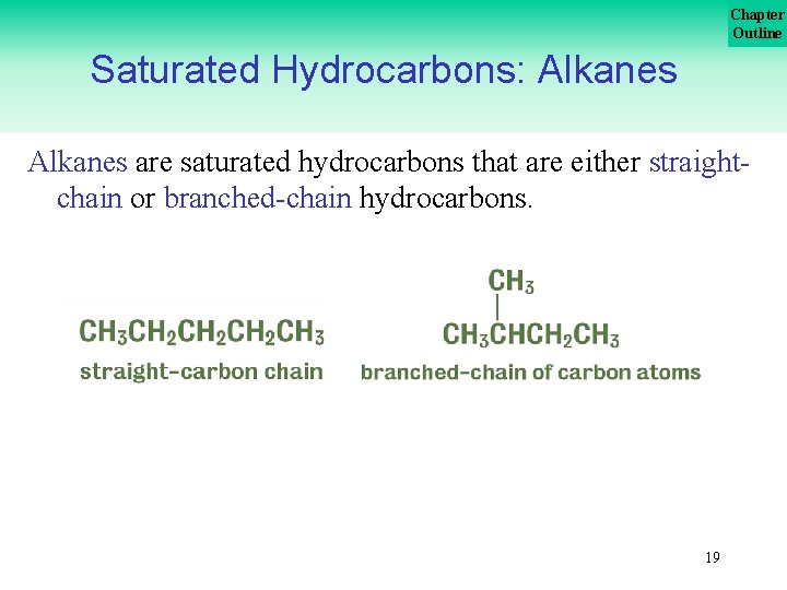 Chapter Outline Saturated Hydrocarbons: Alkanes are saturated hydrocarbons that are either straightchain or branched-chain Chapter Outline Saturated Hydrocarbons: Alkanes are saturated hydrocarbons that are either straightchain or branched-chain