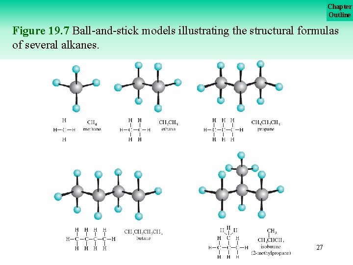 Chapter Outline Figure 19. 7 Ball-and-stick models illustrating the structural formulas of several alkanes.