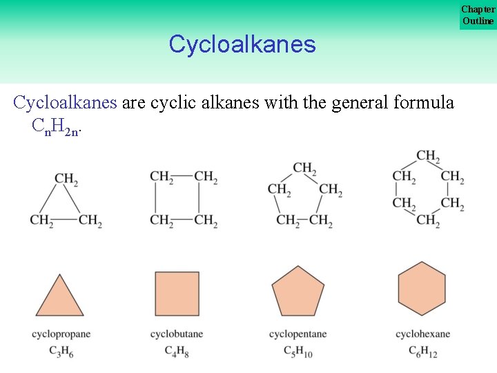 Chapter Outline Cycloalkanes are cyclic alkanes with the general formula Cn. H 2 n.