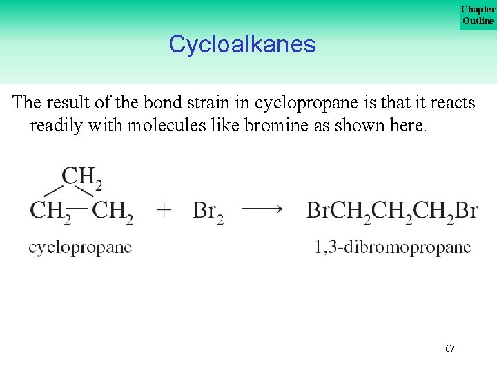 Chapter Outline Cycloalkanes The result of the bond strain in cyclopropane is that it