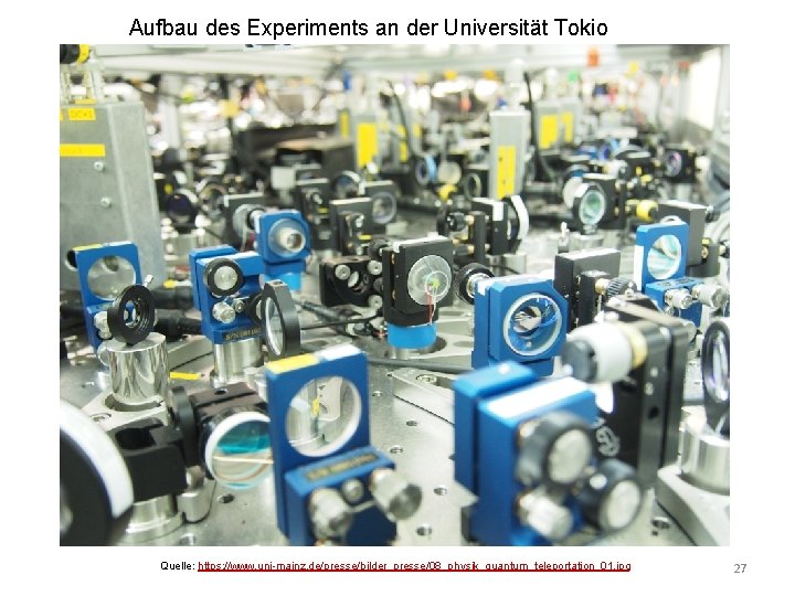 Aufbau des Experiments an der Universität Tokio Quantenteleportation Quelle: https: //www. uni-mainz. de/presse/bilder_presse/08_physik_quantum_teleportation_01. jpg