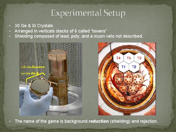 Experimental Setup • 30 Ge & Si Crystals • Arranged in verticals stacks of