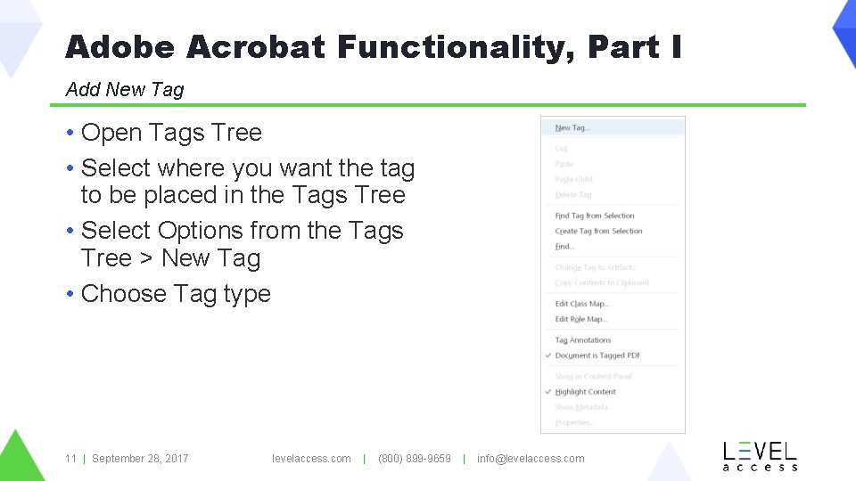 Adobe Acrobat Functionality, Part I Add New Tag • Open Tags Tree • Select