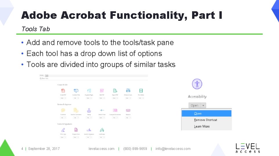 Adobe Acrobat Functionality, Part I Tools Tab • Add and remove tools to the