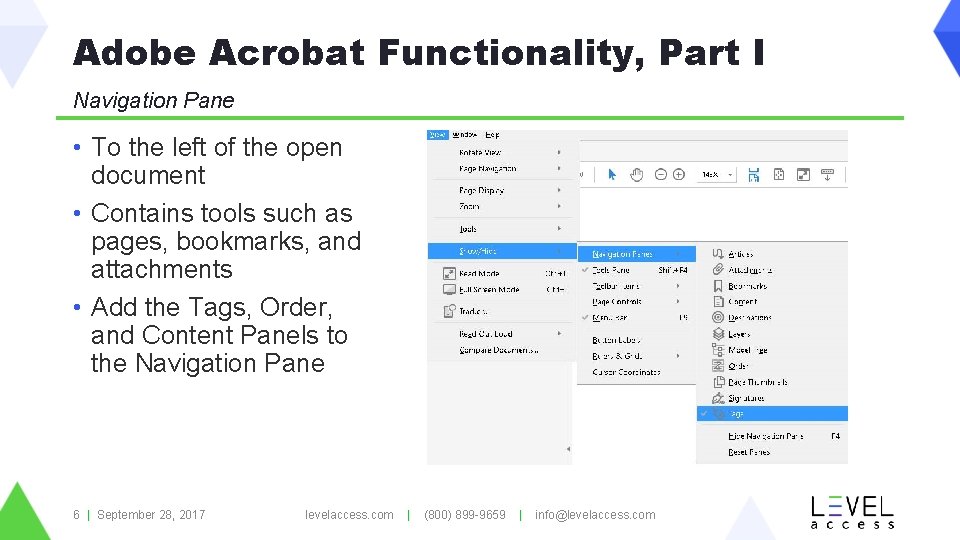 Adobe Acrobat Functionality, Part I Navigation Pane • To the left of the open