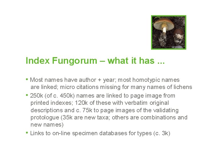 Index Fungorum – what it has. . . • Most names have author +