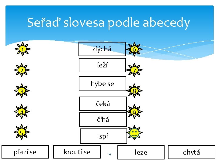 Seřaď slovesa podle abecedy 1 dýchá leží 2 čeká 4 číhá 5 plazí se