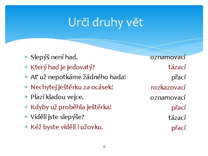 Urči druhy vět Slepýš není had. Který had je jedovatý? Ať už nepotkáme žádného