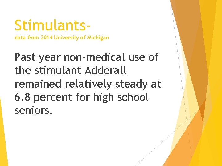 Stimulantsdata from 2014 University of Michigan Past year non-medical use of the stimulant Adderall
