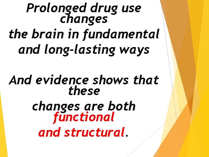 Prolonged drug use changes the brain in fundamental and long-lasting ways And evidence shows