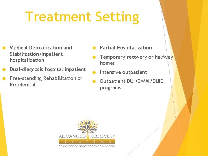 Treatment Setting Medical Detoxification and Stabilization/Inpatient hospitalization Dual-diagnosis hospital inpatient Free-standing Rehabilitation or Residential