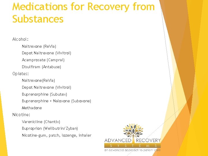 Medications for Recovery from Substances Alcohol: Naltrexone (Re. Via) Depot Naltrexone (Vivitrol) Acamprosate (Campral)