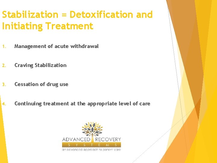 Stabilization = Detoxification and Initiating Treatment 1. Management of acute withdrawal 2. Craving Stabilization