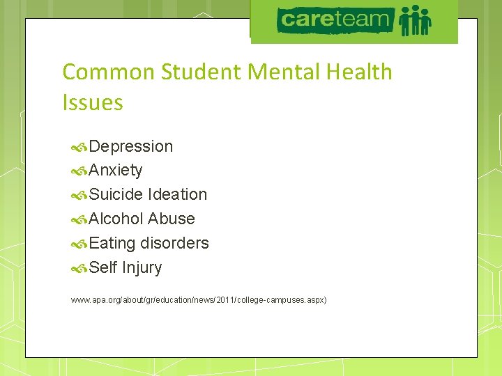 UAA Careteam Common Student Mental Health Issues Depression Anxiety Suicide Ideation Alcohol Abuse Eating