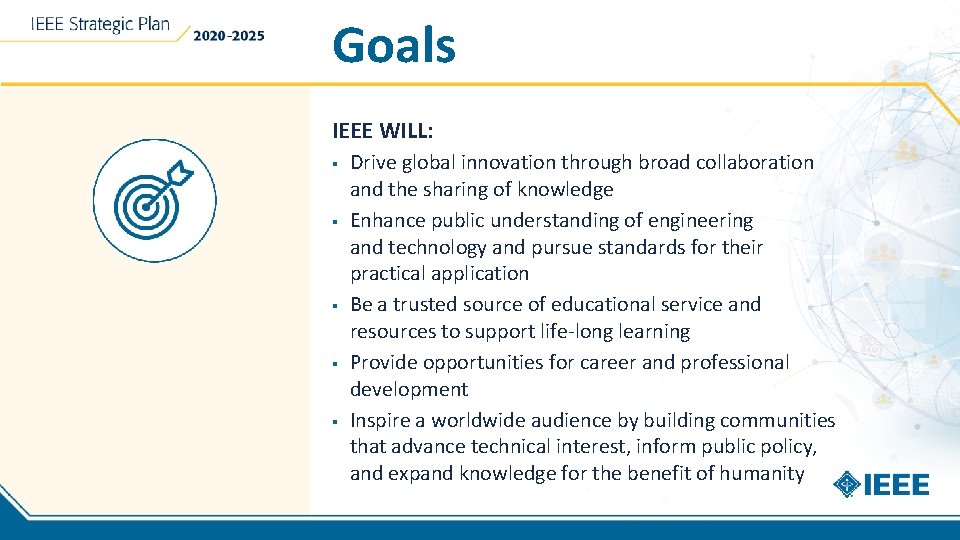 Goals IEEE WILL: § § § Drive global innovation through broad collaboration and the