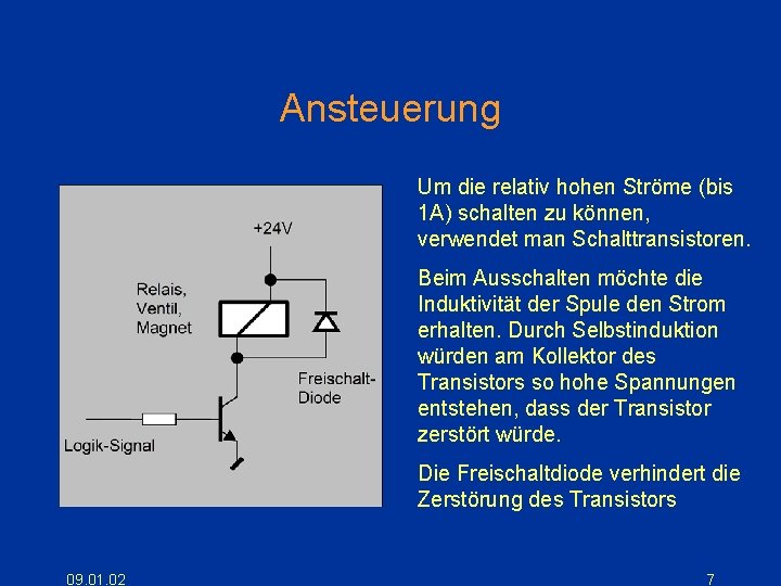 Ansteuerung Um die relativ hohen Ströme (bis 1 A) schalten zu können, verwendet man