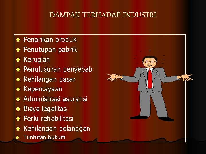 DAMPAK TERHADAP INDUSTRI l Penarikan produk Penutupan pabrik Kerugian Penulusuran penyebab Kehilangan pasar Kepercayaan