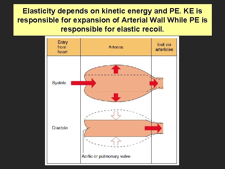 Elasticity depends on kinetic energy and PE. KE is responsible for expansion of Arterial