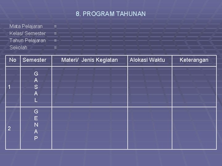 8. PROGRAM TAHUNAN Mata Pelajaran Kelas/ Semester Tahun Pelajaran Sekolah No 1 2 Semester