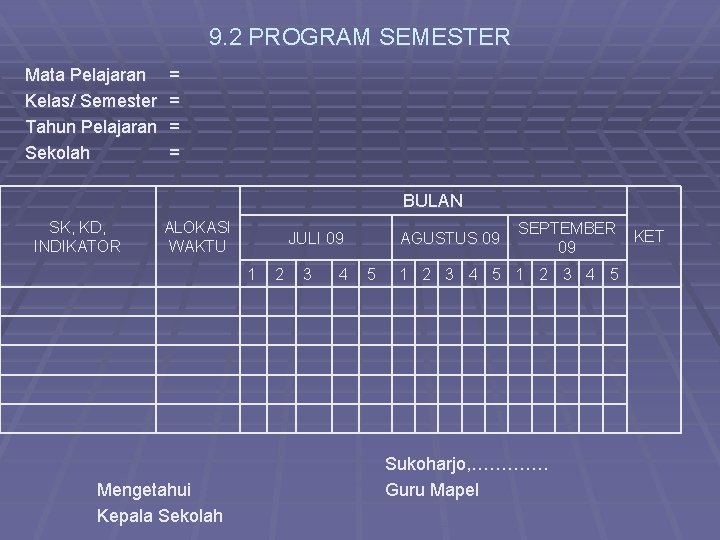 9. 2 PROGRAM SEMESTER Mata Pelajaran Kelas/ Semester Tahun Pelajaran Sekolah = = BULAN