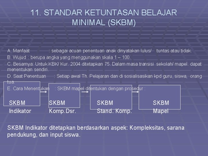 11. STANDAR KETUNTASAN BELAJAR MINIMAL (SKBM) A. Manfaat : sebagai acuan penentuan anak dinyatakan