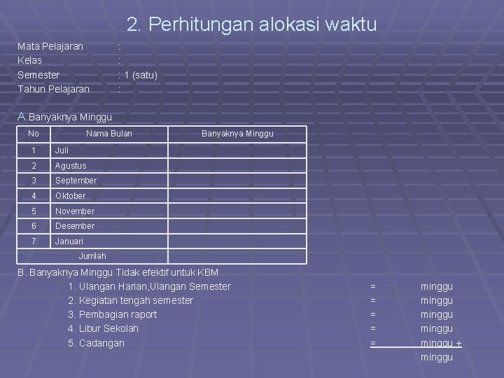 2. Perhitungan alokasi waktu Mata Pelajaran Kelas Semester Tahun Pelajaran : : : 1
