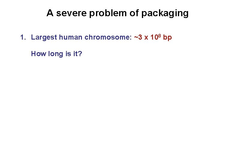 A severe problem of packaging 1. Largest human chromosome: ~3 x 108 bp How