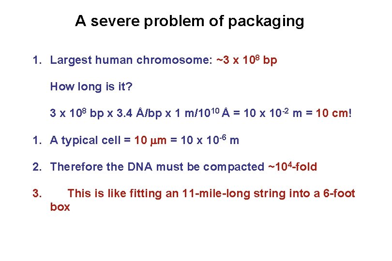 A severe problem of packaging 1. Largest human chromosome: ~3 x 108 bp How