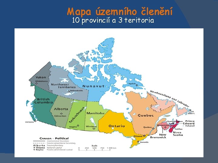 Mapa územního členění 10 provincií a 3 teritoria 