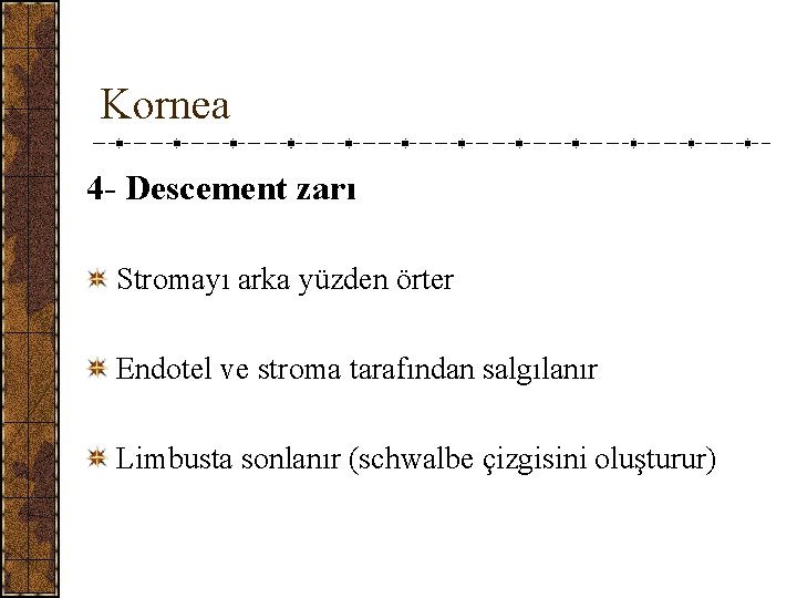Kornea 4 - Descement zarı Stromayı arka yüzden örter Endotel ve stroma tarafından salgılanır