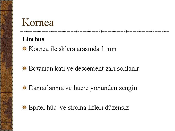Kornea Limbus Kornea ile sklera arasında 1 mm Bowman katı ve descement zarı sonlanır