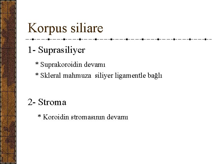 Korpus siliare 1 - Suprasiliyer * Suprakoroidin devamı * Skleral mahmuza siliyer ligamentle bağlı