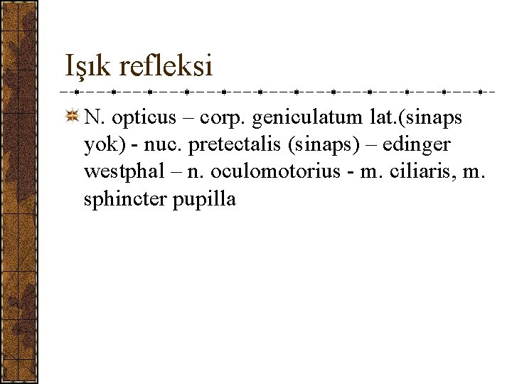 Işık refleksi N. opticus – corp. geniculatum lat. (sinaps yok) - nuc. pretectalis (sinaps)