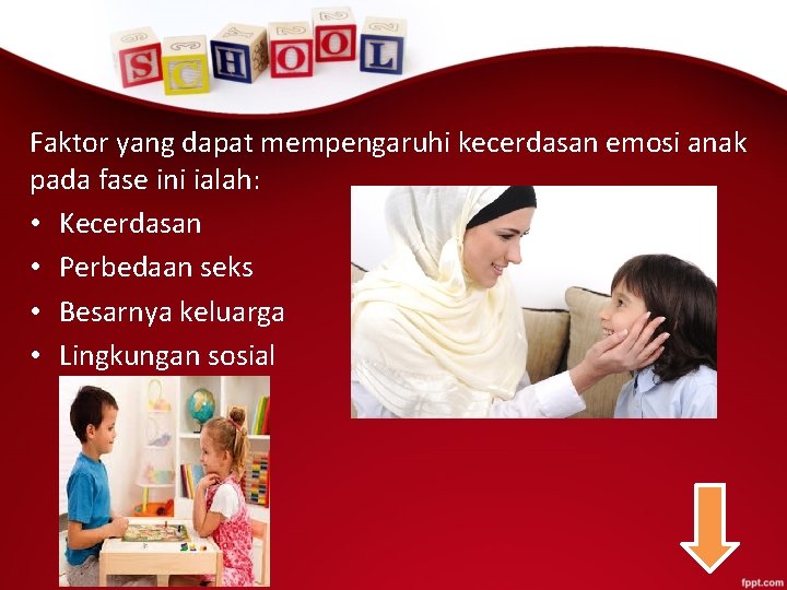 Faktor yang dapat mempengaruhi kecerdasan emosi anak pada fase ini ialah: • Kecerdasan •