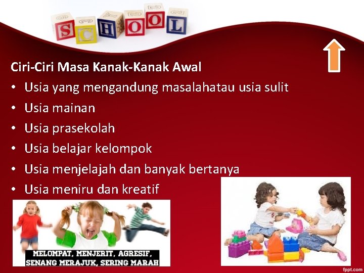 Ciri-Ciri Masa Kanak-Kanak Awal • Usia yang mengandung masalahatau usia sulit • Usia mainan