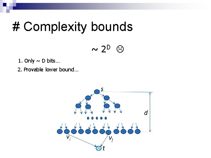 # Complexity bounds ~ 2 D 1. Only ~ D bits… 2. Provable lower