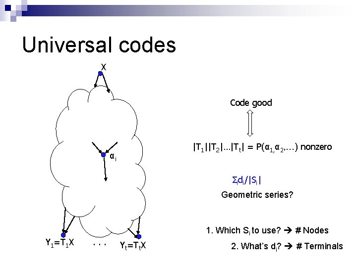 Universal codes X Code good |T 1||T 2|…|Tt| = P(α 1, α 2, …)