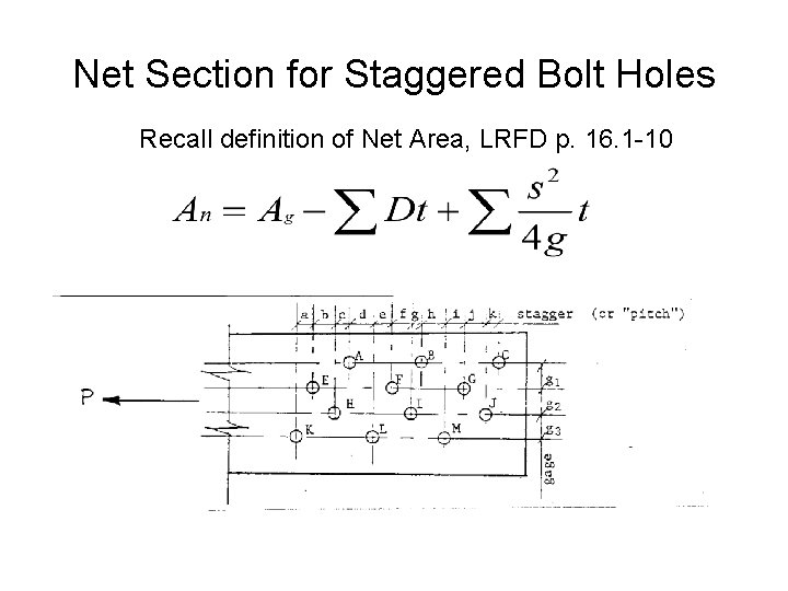 Net Section for Staggered Bolt Holes Recall definition of Net Area, LRFD p. 16.