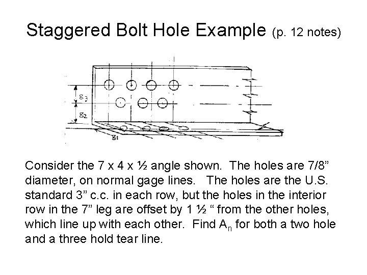 Staggered Bolt Hole Example (p. 12 notes) Consider the 7 x 4 x ½